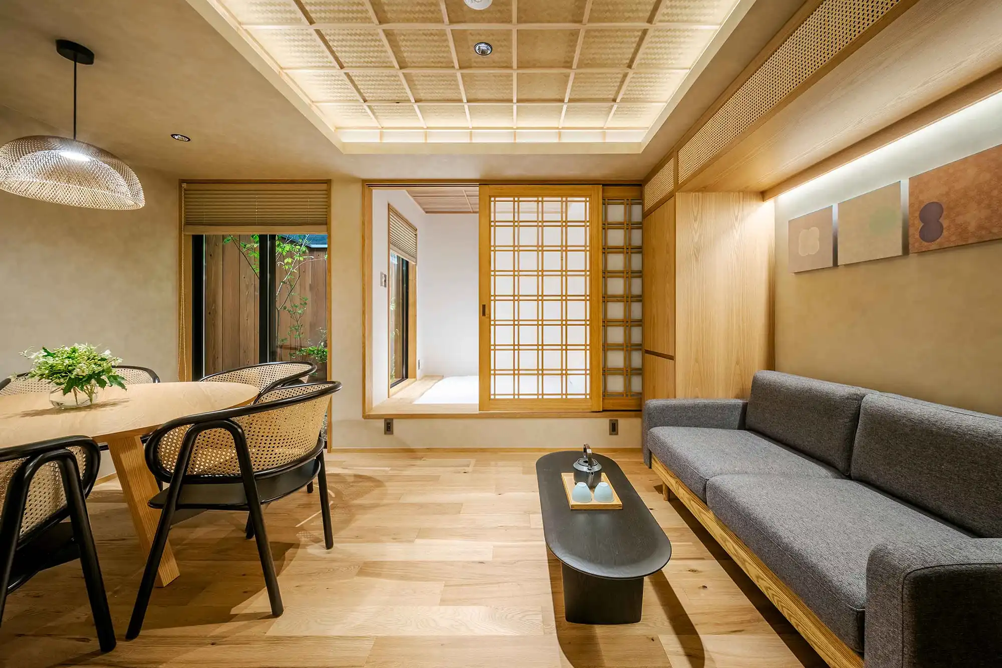 Living room and dining area of a traditional Japanese house in Kyoto